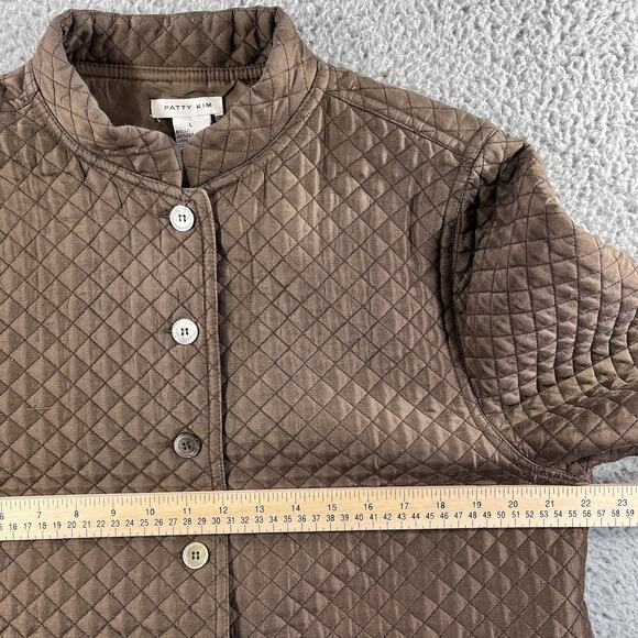 PATTY KIM JACKET WOMENS LARGE BROWN 100% SILK QUILTED BUTTON MOCK NECK - Picture 5 of 10